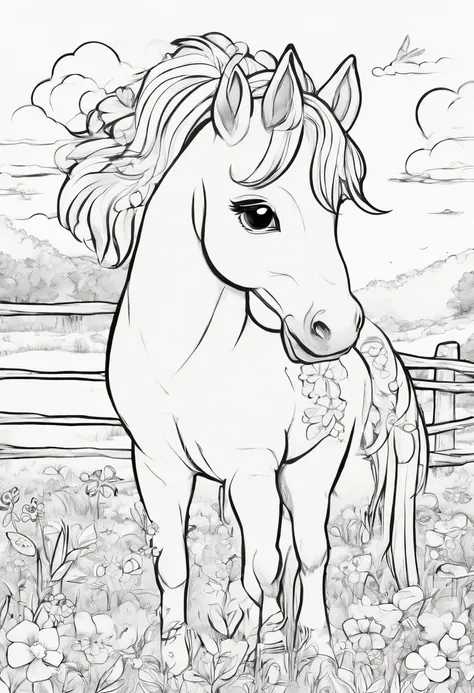 dibujo en blanco y negro para colorear, un caballo en el campo