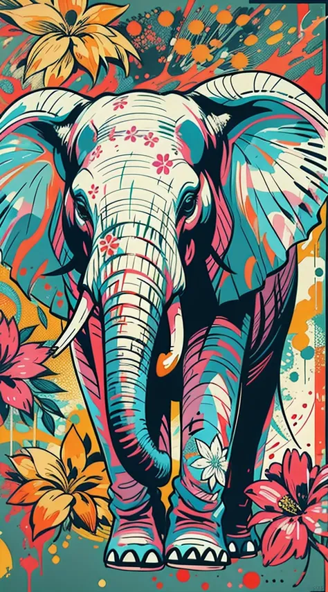 Create digital artwork in the Pop Art style, Featuring a vibrant and confident elephant，street fashion, Movie color scheme, Surrounded by vintage flower motifs, Vibrant brushstrokes,Emotions should be dynamic, Upper body, Drawing, illustration, escala cinz...