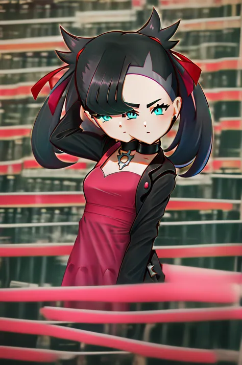 ((2heads)), ((hmmarnie)), aqua eyes, black choker, red ribbon, pink dress, jewelry, black jacket, open clothes, long sleeves, ExtraArms