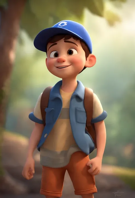 A happy cute boy standing short hair with dark blue cap , vestindo uma camisa azul , , fundo branco, barnet, Tom, Estilo Pixar, ......3d, desenhos animados, rosto detalhado, asymmetrical 16k