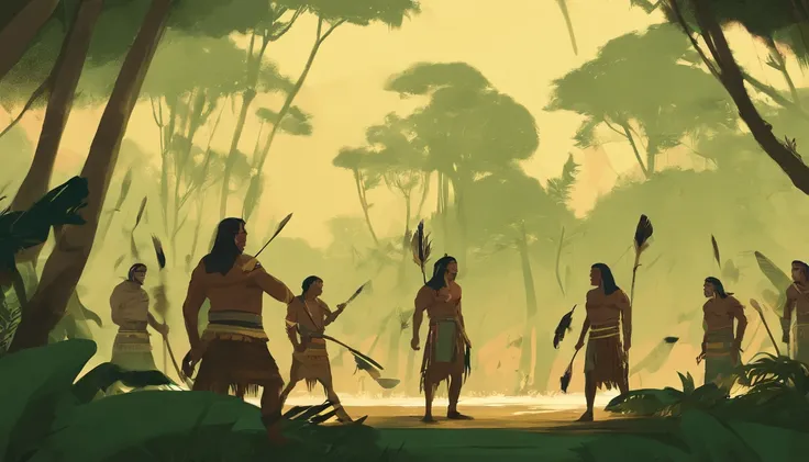 A group of indigenous Amazonian Brazilians arguing angrily on a background of tall trees, em tons verdes e amarelos.