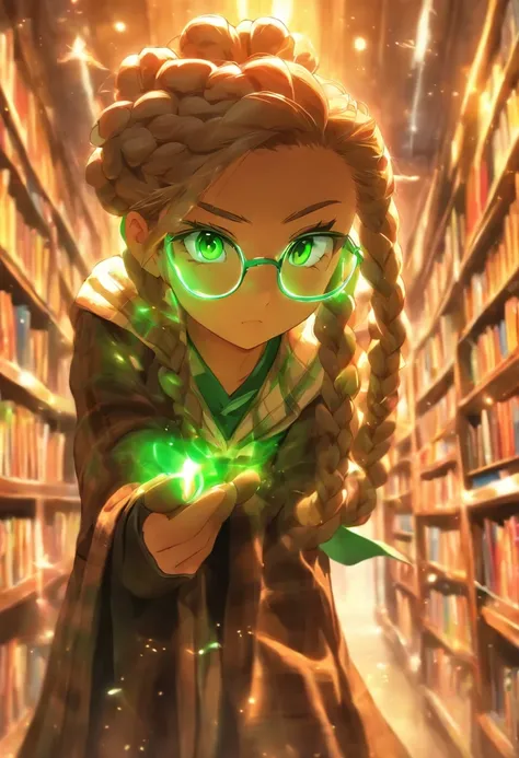 Girl with a book.Light brown hair.uses magic.Glasses removed.Wearing a graduation cap.Wearing a black cloak.Eyes are brown.eyes gentle.Age is 11 years old.Hair braids.Vermilion gloves that extend to the upper arm.The background is a dimly lit library.Weari...