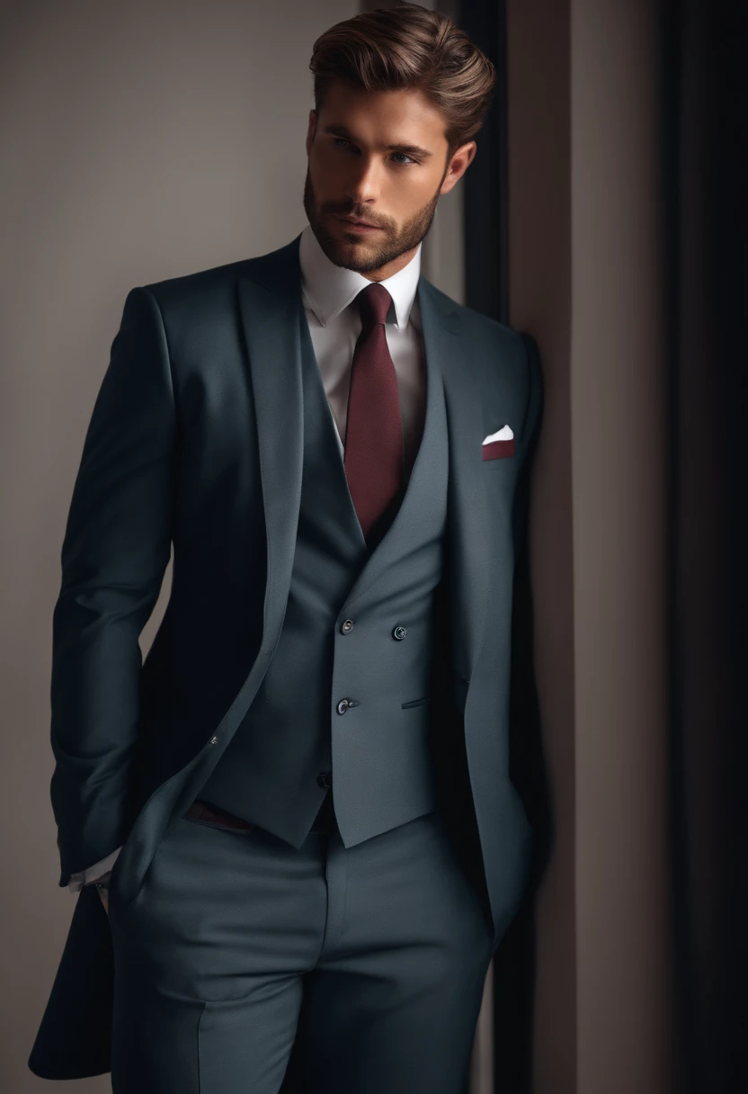 attractive 28 year old man in Hugo boss business suit , Belle barbe , Executive Sexy Man, Terno donc, Front camera face focus, mode portrait, perfectly straight in front of the camera