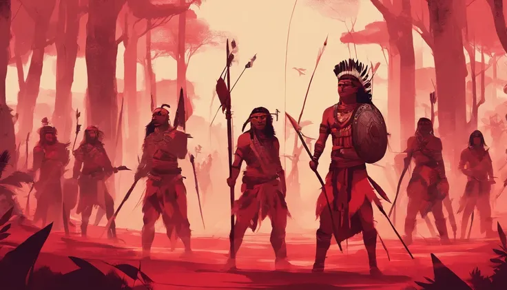 A group of indigenous Brazilians, Amazon, Fighting with clubs and arrows on background of tall trees and dust in shades of red.