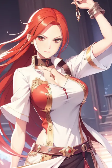 a close up of a person with red hair and a white shirt, detailed anime character art, fashionable rpg clothing, cushart krenz key art feminine, female redhead templar, anime character art, official character art, detailed character art, trending on artstat...