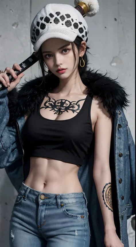 masterpiece, best quality, 8k,highestres, absurdres, extremely detailed, female trafalgar law, 1girl, 1sword, solo, looking at viewer, short hair, medium breasts, hat, navel, cleavage, collarbone, earrings, midriff, pants, coat, fur trim, denim, jeans, sho...