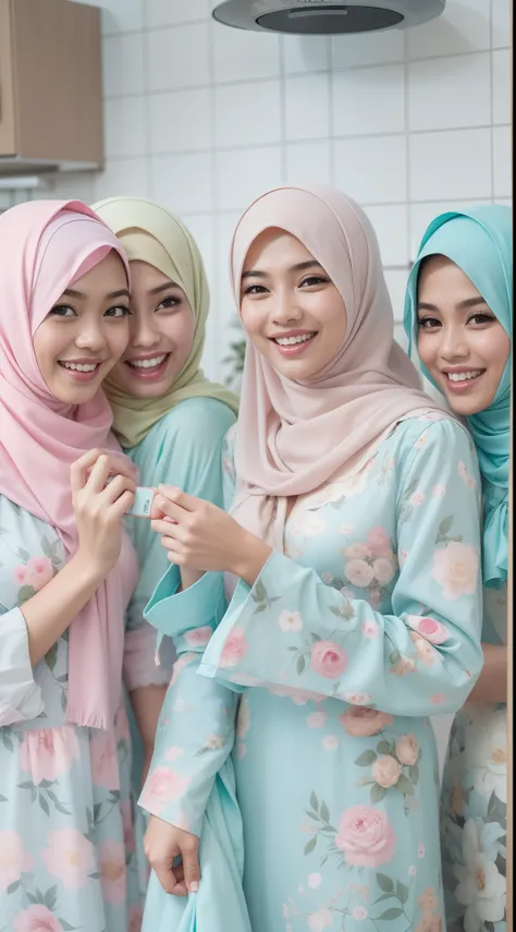 4 beautiful malay girl in pastel color hijab taking picture in modern kitchen, wear pastel blue and white floral pattern baju kurung, friendly and laughing situation, laughing, happy, modern pastel color kitchen, detailed skin texture, soft lighting, paste...