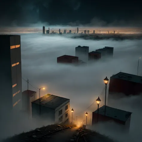 realistic abandoned city at night with fog