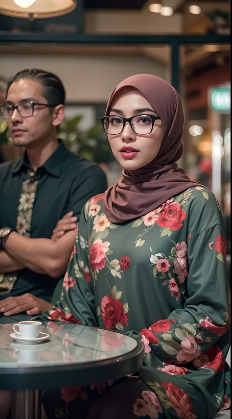 A photo of a young, nerdy malay woman in hijab sitting in a starbuck cafe with 1 malay men in office suit standing behind, woman wearing floral pattern baju kurung, surrounded by a cozy atmosphere, cool ambient, looking at the viewer. (Detail skin:1.3), ha...