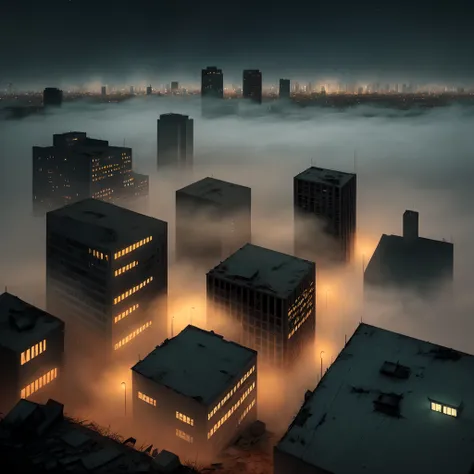 realistic abandoned city at night with fog