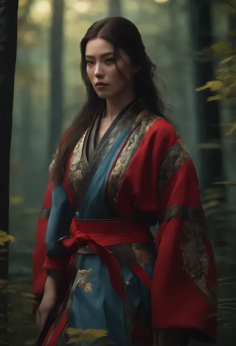 4k, Realistic, very detail, There is a girl in the forest, She is a samurai, war theme, Soft clothing, Long hair, Wearing leggings, 25 years, full - body, Wearing Gucci shoes