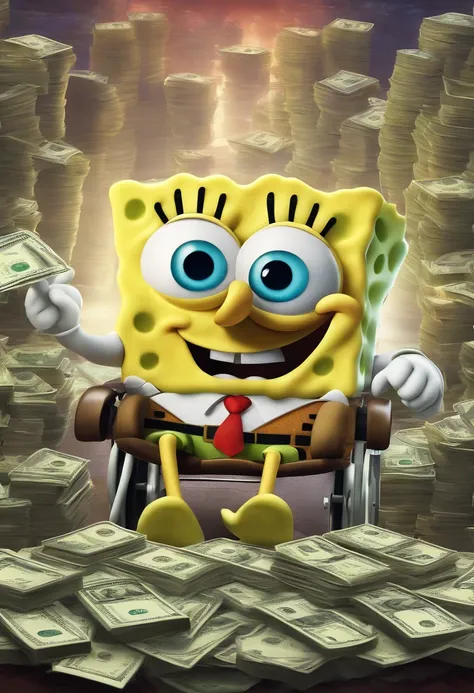 disney movie poster futuristic spongebob sitting in wheelchair with stacks of money behind him