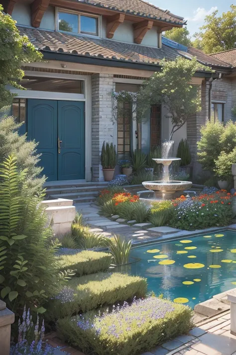 Single-storey house in the suburbs,Patio, The fountain, Around small blue flowers