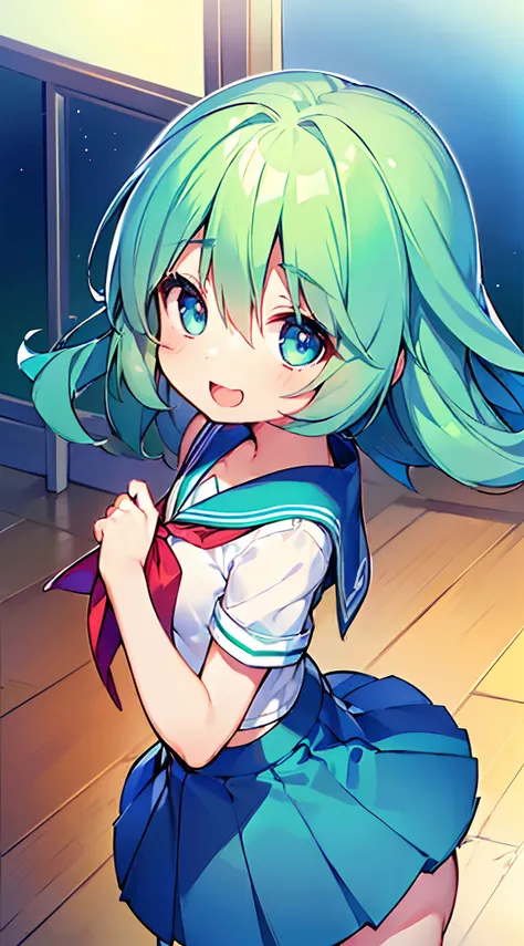 ((Pretty High School girl with green hair and blue eyes:1.2))、((wearing Sailor suit))、Loli face、((master piece、top-quality、ultra-definition、high resolution))、anime girl、((ultra-detailed illust:1.2))、1girl、bangs、hair between eye、beautiful hair、Beautiful eye...