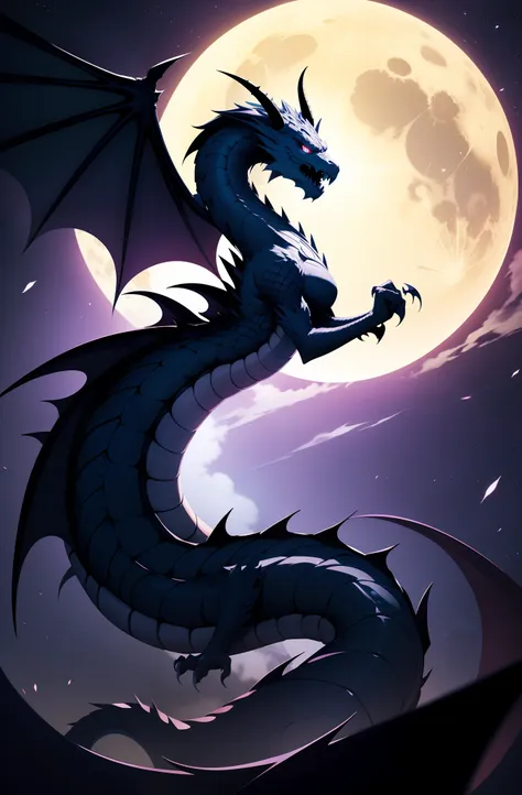 logo design，flat drawing，dragon, moon, darkness, nightmare, fantasy, blue eyes, white skin, demon, evil, fire