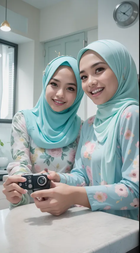 4 beautiful malay girl in pastel color hijab taking picture in modern kitchen, wear pastel blue and white floral pattern baju kurung, friendly and laughing situation, laughing, happy, modern pastel color kitchen, detailed skin texture, soft lighting, paste...