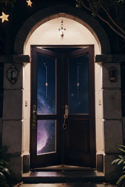 Crie uma imagem com uma porta de madeira antiga, with a magical and mysterious air. The door is partially open, Revealing a paradisiacal scenery on the steps in front of you. in the sky above, There are twinkling stars and a bright crescent moon. Na porta,...