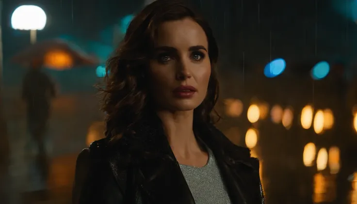 crie uma foto da JOI, the holographic character from Blade Runner 2049. Make it look like actress Ana de Armas. JOI de capa de chuva, caminhando numa noite chuvosa na Los Angeles de Blade Runner, mostre a paisagem da cidade