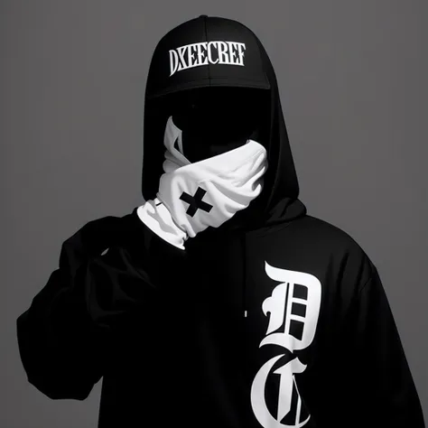 Arafed man cpower in a black hoodie covering his face with his hands , hands Wearing gloves white, hat and hoodie, doper, Occultiste Techwear, Hood couvre ses yeux, inspired by Zhu Da, highly detailed, Techwear Clothing, streetwear, Tir de presse, Vêtement...