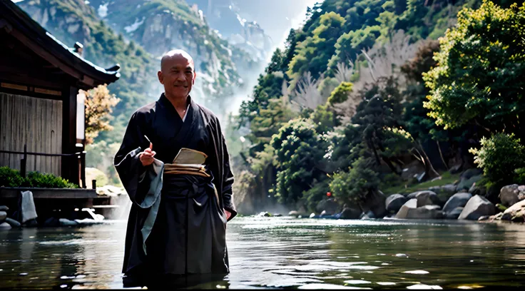 /Imagine an old Zen monk and his student , High-ranking monks, gray robe, with big eyes, Meditate with a smile, Face the camera, Full body photo, frontal photos, The background is alpine running water, Chinese wind, detaileds, Cinematic Light, High quality...