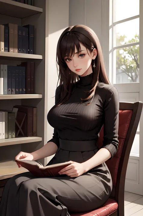 1lady sitting, reading book, /(knitted shirt/) /(high-waist long skirt/), mature female, /(brown hair/) bangs, (masterpiece best quality:1.3) delicate illustration ultra-detailed, large breasts arms down BREAK /(public library/) indoors, bookshelves