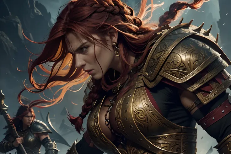 Tall muscles arms and abs defined, woman warlord barbarian, detailed red green and gold armor, old engraved leather Cuirass, intricate designs on the Cuirass, intricate Cuirass engravings, imposing and powerful stance, fierce expression, red wild mane brai...