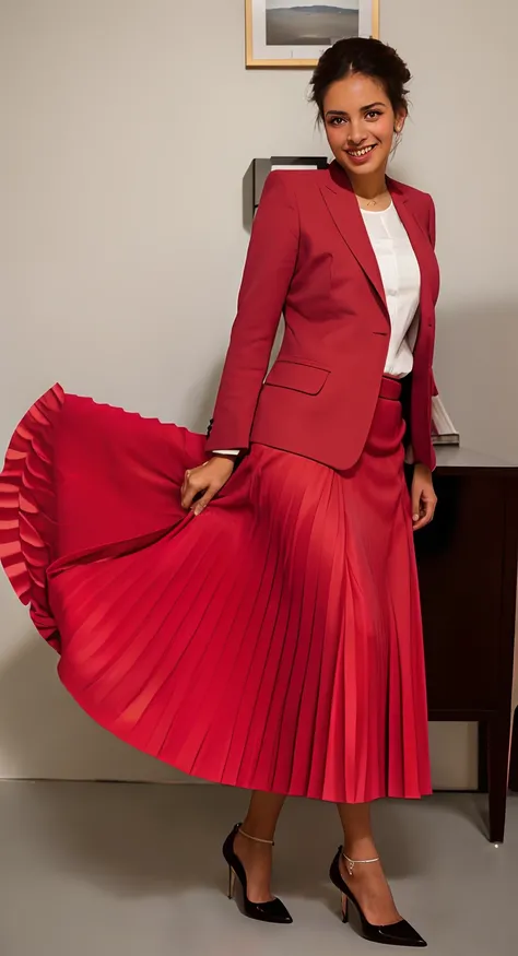 (shy:1,2) (smiling;1,1) woman playing with skirt, dancing, wearing short blazer and very very detailed (long (fully pleated) full circle skirt) and (simple) low heeled office shoes, very very intricate hyper-detailed symmetric (attractive graceful young fe...