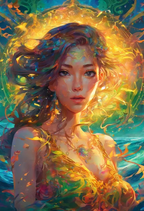 ((top-quality, 8K)), (Realistic), (Face Focus: 1.1), (Yellow and green: 1.3), Kawaii Girl, Hair fluttering in the wind, Facing to the side, (nudde: 1.1)、D Cup Breasts, night sky with full moon, (masterpiece), best quality, expressive eyes, perfect face, hi...