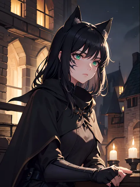 Close up, fantasy world, medieval, night, medieval city, stone brick houses, torchlight, wooden balcony, adult woman, stoic, expressionless, fluffy black cat ears, black tail, face paint, messy black hair, green eyes, black armour, black chest piece, finge...