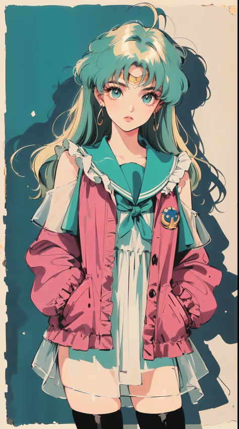 ((((blond haired girl with blue eyes, sailor moon!!!!!!!!, retro anime girl , sailor moon aesthetic, anime vintage colors，Vaporwave style,90s anime style,have the style of folk portraits，retro style posters,chicano inspired retro fashion，renaissance,  retr...