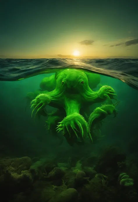 Under the shroud of nuclear contamination, Marine life around the world began to mutate, Transform into a monster form. The entire picture is covered in fluorescent green tones, Symbolizes nuclear radiation. Light shines down from the surface of the water,...