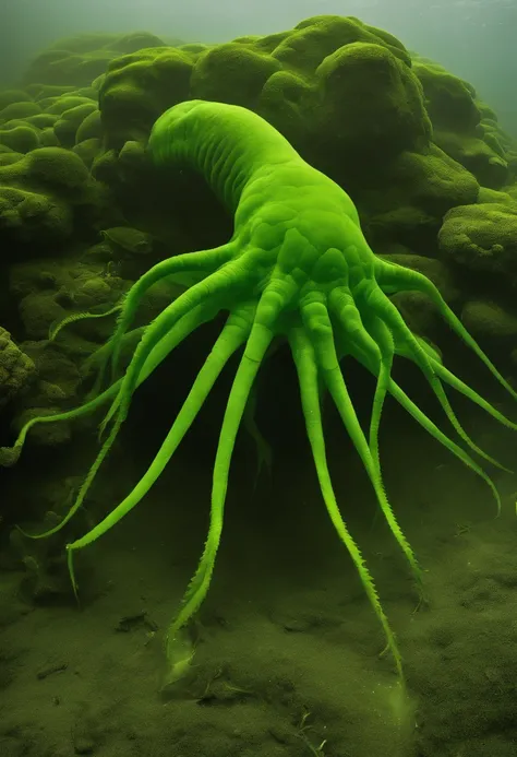 Under the shroud of nuclear contamination, Marine life around the world began to mutate, Transform into a monster form. The entire picture is covered in fluorescent green tones, Symbolizes nuclear radiation. Light shines down from the surface of the water,...