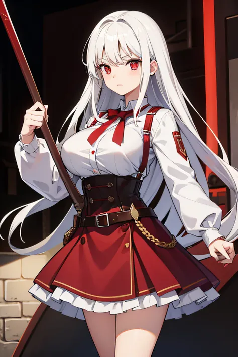 girl 15 years,red eyes,white hair,Red skirt,T-shirt with brown belt and brown corset, Big breasts,red sleeves