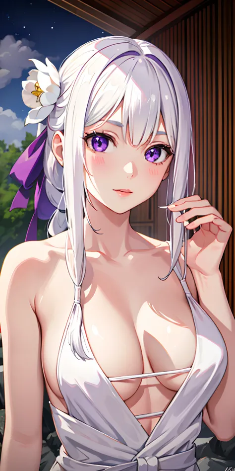 1girl, white hair, purple eyes, portrait, realistic, towel, (onsen), sidelighting, wallpaper, nsfw, medium breasts, x hair ornament, long hair, white flower in hair, white rose in hair, braid in hair,