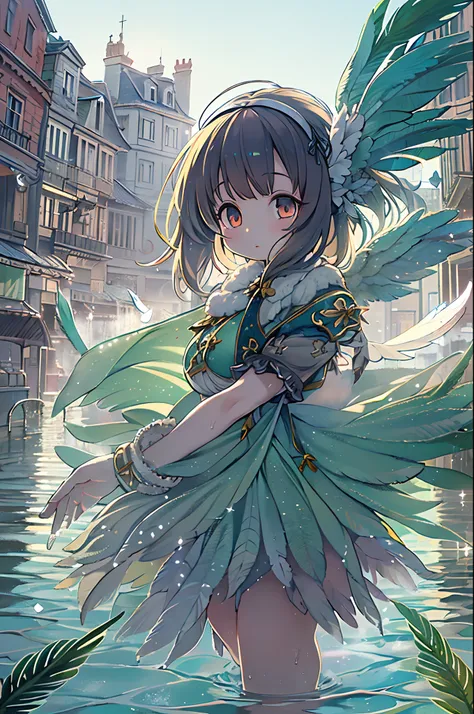 absurderes, hight resolution,, (1girl in, Solo), Big eyes,, townscape,, (Water Effects, Light Effects, fluttering feathers:1.2),bbw