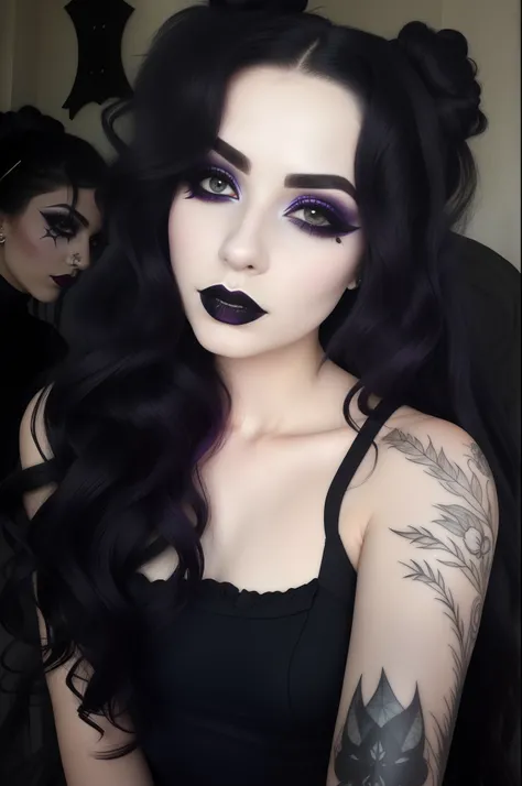 um close up de uma mulher com uma maquiagem preta e roxa, wearing goth makeup, 1 7 - year - old goth girl, goth makeup, pale goth beauty, goth vibe, gothic horror vibes, bubble gothic makeup, goth makeup, goth girl, violeta e preto, pale skin and purple ey...