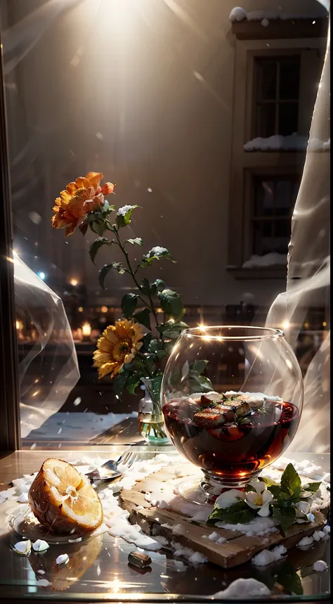 extreme close-up，clear，tmasterpiece，bar，delicious grilled meat on the table，claret，wineglass，fruit platter，beautiful vase with f...