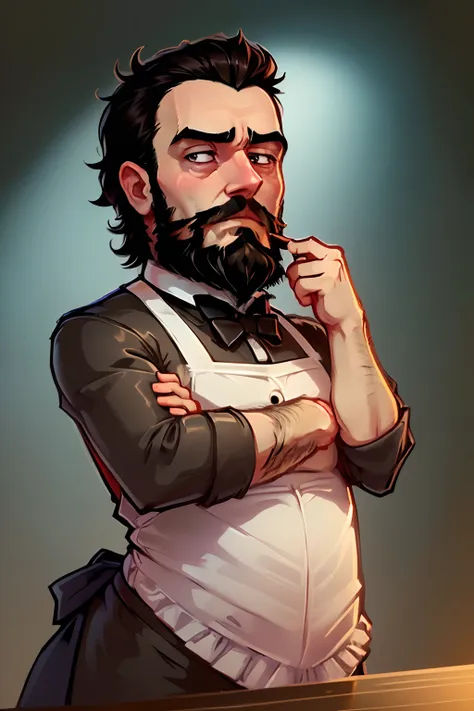 a sticker, man who is a bartender. short black hair and(( full beard.))) he has a friendly face and wears a bartender's uniform,...