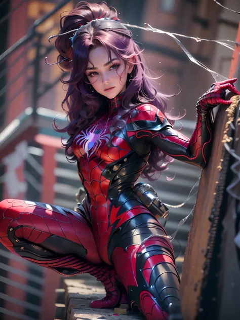 (fotorrealista, Obra maestra, Super detail, Galardonado, 8k:1-2), beautiful woman, Cuerpo definido detallado, Usando el cosplay de Spider Man Morado y rojo, 1girl, solamente, atmosphric perspective, NIKON, piel texturizada, cabello totalmente morado