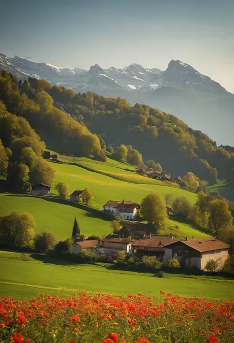 Peaceful and idyllic countryside, Rolling green hills dotted with grazing sheep, Charming villa，Set amidst vibrant flowers, Clear blue sky overhead, Evokes a sense of peace and simplicity, Valle encantador, switzerland, patches of green fields, lush countr...