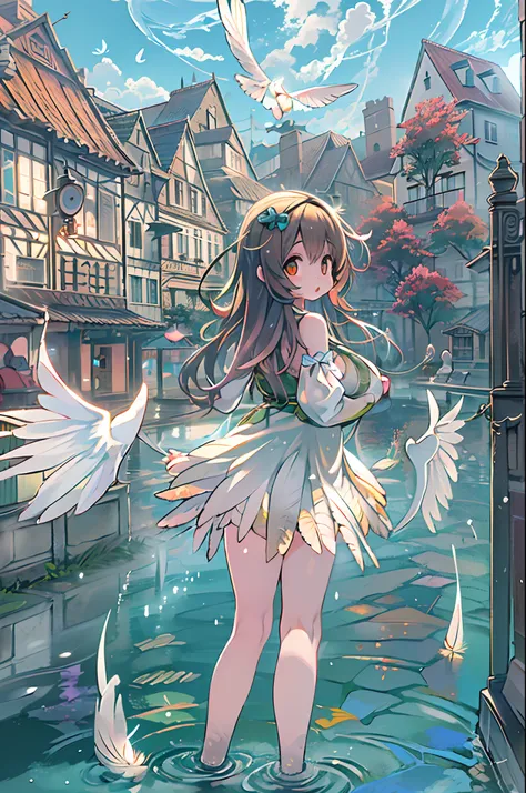 absurderes, hight resolution,, (1girl in, Solo), Big eyes,, townscape,, (Water Effects, Light Effects, fluttering feathers:1.2),bbw