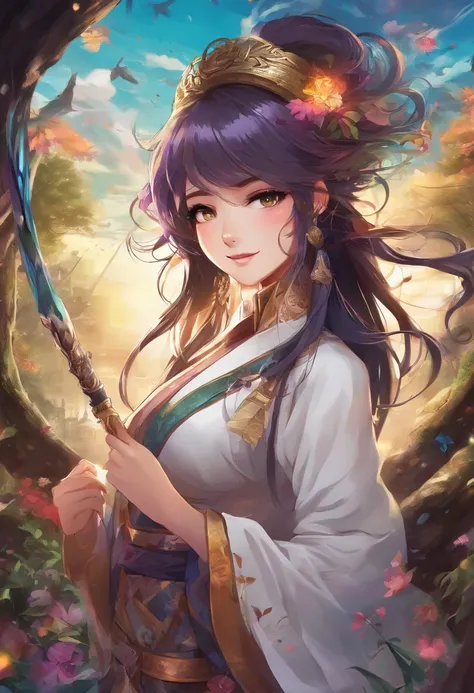 (best quality,4k,8k,highres,masterpiece:1.2),ultra-detailed,(realistic,photorealistic,photo-realistic:1.37),dark fantasy RPG,illustration,long hair,perfect,2D character,detailed brown eyes,medium length hair,left side dark brown,purple right side,perfect c...