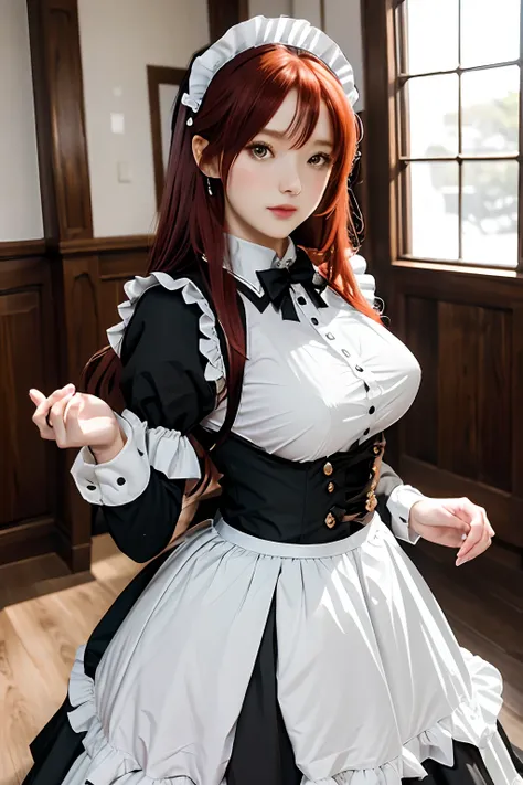 the woman, (european citizenship: 1.2) in a black and white outfit posing for a photo, maiden! dress, anime girl cosplay, anime ...