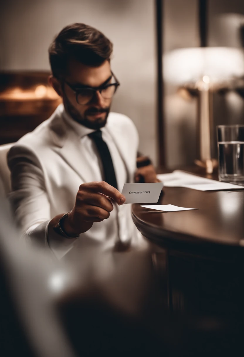 A realistic photo person holding a white paper in business card style