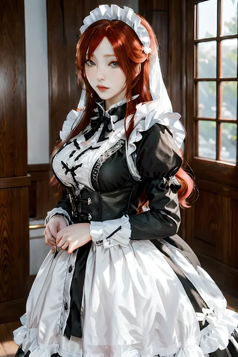 the woman, (european citizenship: 1.2) in a black and white outfit posing for a photo, maiden! dress, anime girl cosplay, anime ...