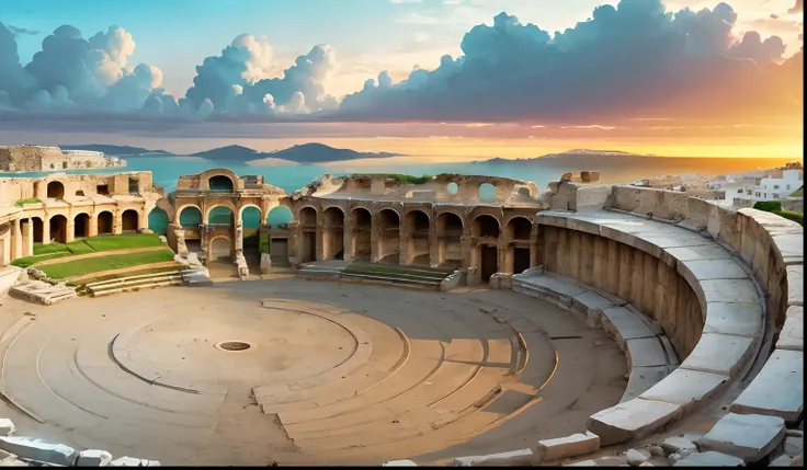 Greek civilization, Roman theater,Alexandria Sea,Background, sunset,Overcast skies,In the daytime,Beige color,True color,yellow color,Bird perspective --auto --s2