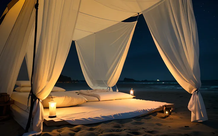 Tent bed on the beach, the night