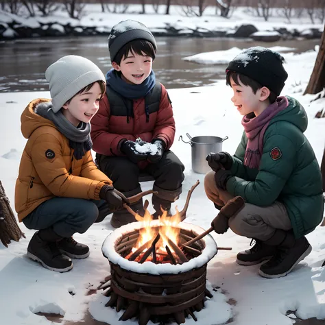 Boys at down jacket camp by the river，Snow in winter，The boy digs firewood for a fire，Small fire，Boys grilling fish over a low fire，Wearing gloves，Wear a scarf，The boy smiled happily，Childrens illustration style，Full body like，Department of Healing