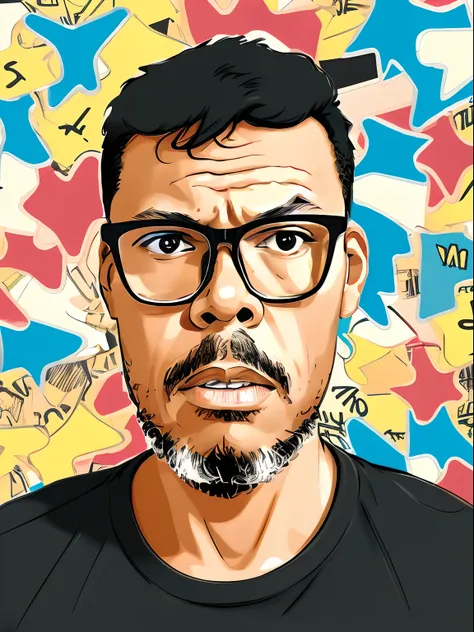 guttonerdjul23, 2d illustration of man, light skin tone wearing glasses, scared, black t-shirt, front view, looking directly at viewer, short hair, brown eyes, cartoon style, comic book background, blur background