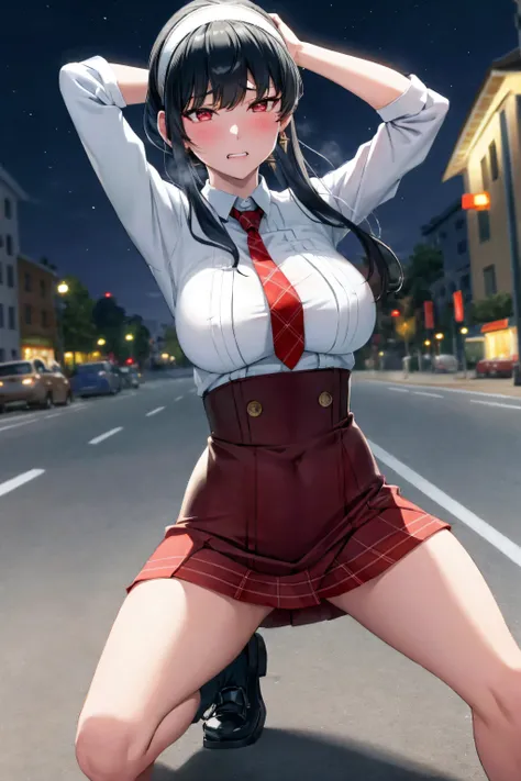 (masterpiece, best quality), 1girl, bbyorf, short hair with long locks, white hairband, red eyes, gold earrings, large breasts, white collared shirt, plaid skirt, necktie,looking at viewer,  arms up,  (spread legs standing:1.1) , ,   juice,  socks, shoes,c...